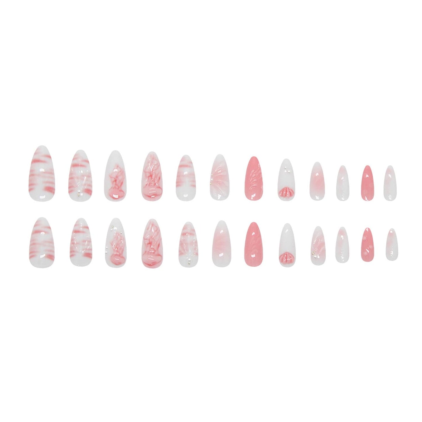 24PCS Summer Press on Nails Almond Fake Nails with 3D Shell Pattern Jellyfish Pearl Press on Fake Nail Full Cover Stick on Nails Handmade Press on Nails Art Decoration for Women