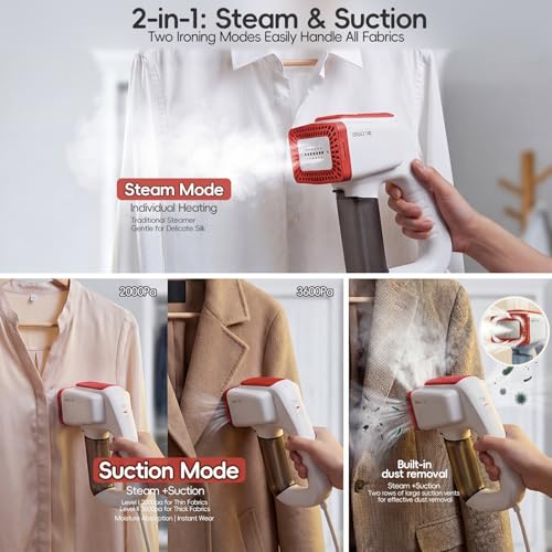 3DOEX Vacuum Steamer for Clothes, 2000Pa&3600Pa Suction Handheld Clothes Steamer,2 in 1 Portable Travel Steamer for Clothes,Garment Steamer With 122ml Water Tank (for 110-120V) (Pearl White)