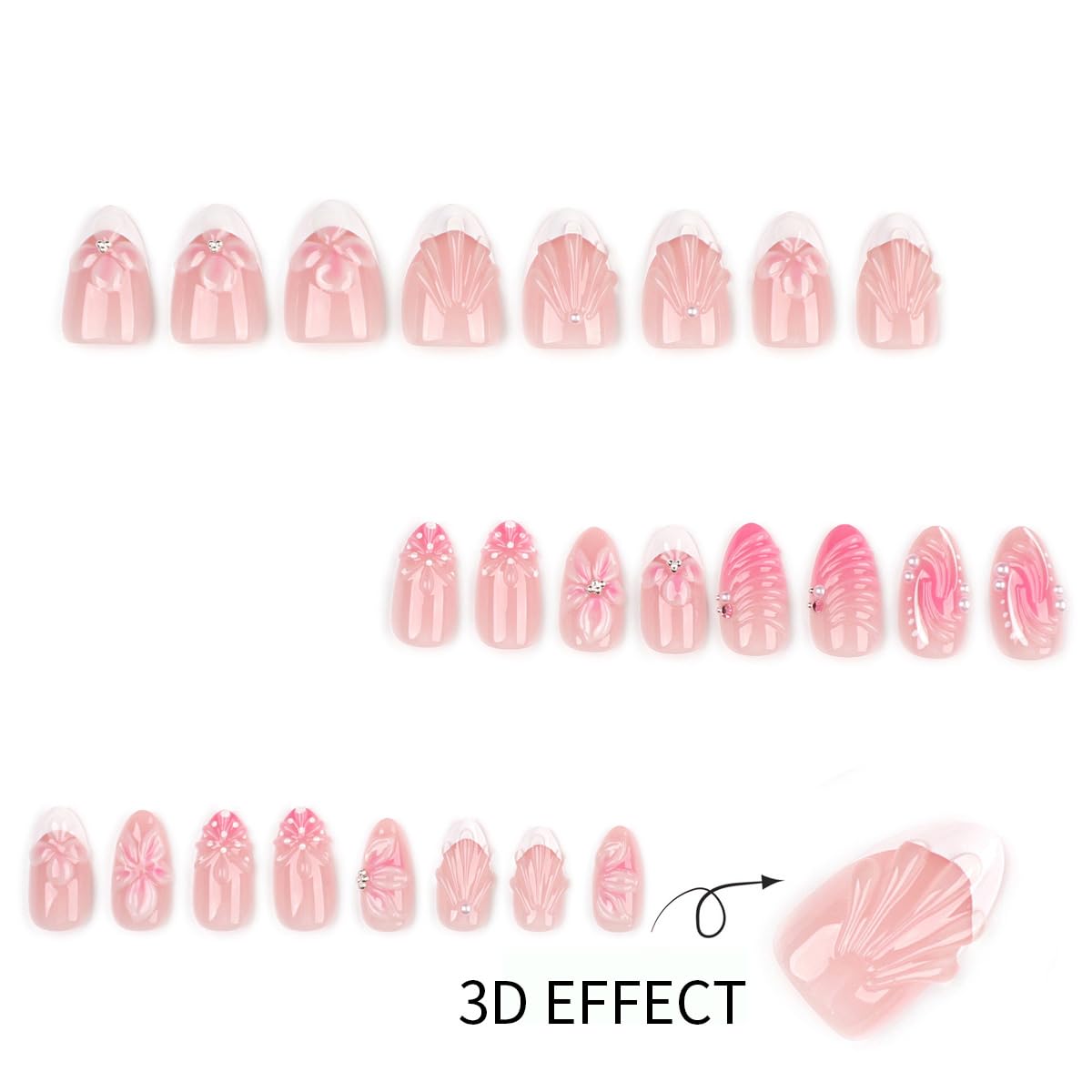 Short Almond Press On Nails - French Tip with Flower, Seashell & Pearls Design,24Pcs Reusable Manicure Kit for Women Girls