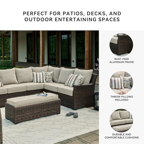 Signature Design by Ashley Brook Ranch Casual Nuvella Weather Resistant Fabric Right Hand Facing Outdoor Sofa Sectional/Bench with Cushion and 6 Throw Pillows, Set of 3, Beige & Dark Brown