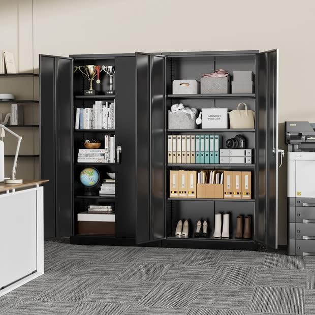 Greenvelly Metal Garage Storage Cabinet, 72” Locking Black Tool Steel Cabinet with Doors and 4 Shelves, Tall Metal Cabinets with Garage Storage Systems for Home Office, Kitchen/Pantry