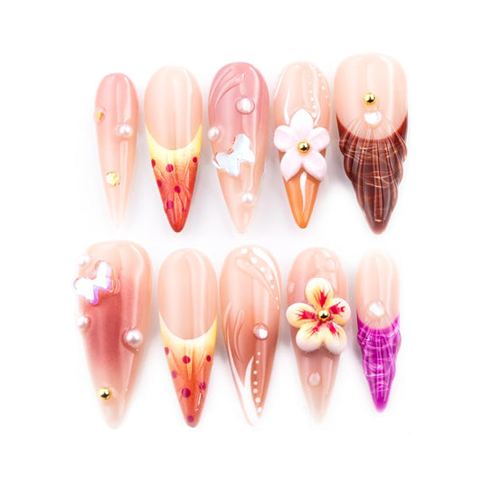 ROSELYNNE Handmade Artificial Press-On Nails Set, Nude Pink with 3D Floral Design, Pearl and Gold Accents, 10 Pieces Long Coffin Acrylic False Nails for Women And Girls
