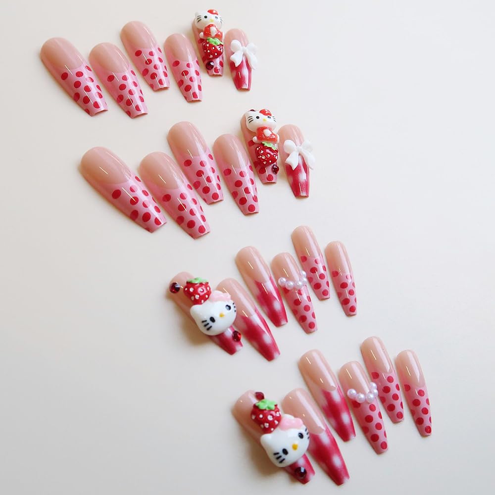 French Tips Press on Nails Long Coffin Fake Nails with Cute Cat Bows Nail Charms Strawberry Nail Charms Stick on Nails French Full Cover False Nails for Women 24Pcs Strawberry Press on Nails