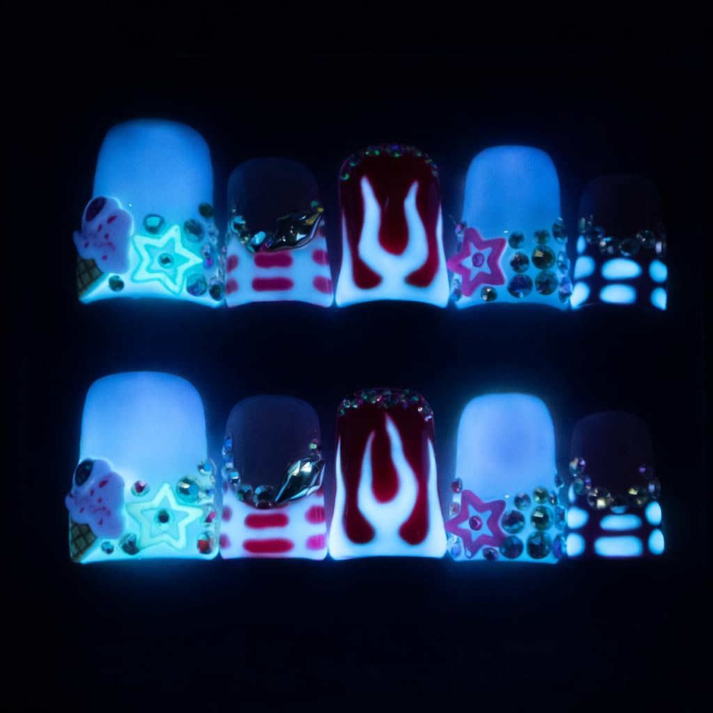 IntoVibes 10 Pieces Luxury Acrylic Press On Nails Short Handmade Duck Nails, Pink Thickened False French Nails, Flame And Rhinestone, Reusable Fake Nails, Glow-in-the-dark Nails (S)
