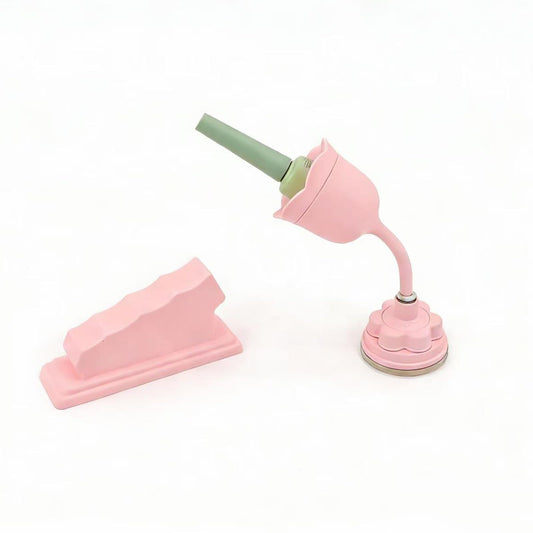 DR.YYDF Nail Polish Bottle Holder with Silicone Hand Rest, Tilted and Anti-Spill Nail Polish Holder Stand, Strong Suction cup, 360°Rotation Rose-like Nail Stand, Nail Art Tools (Pink Stand and Hand Rest)