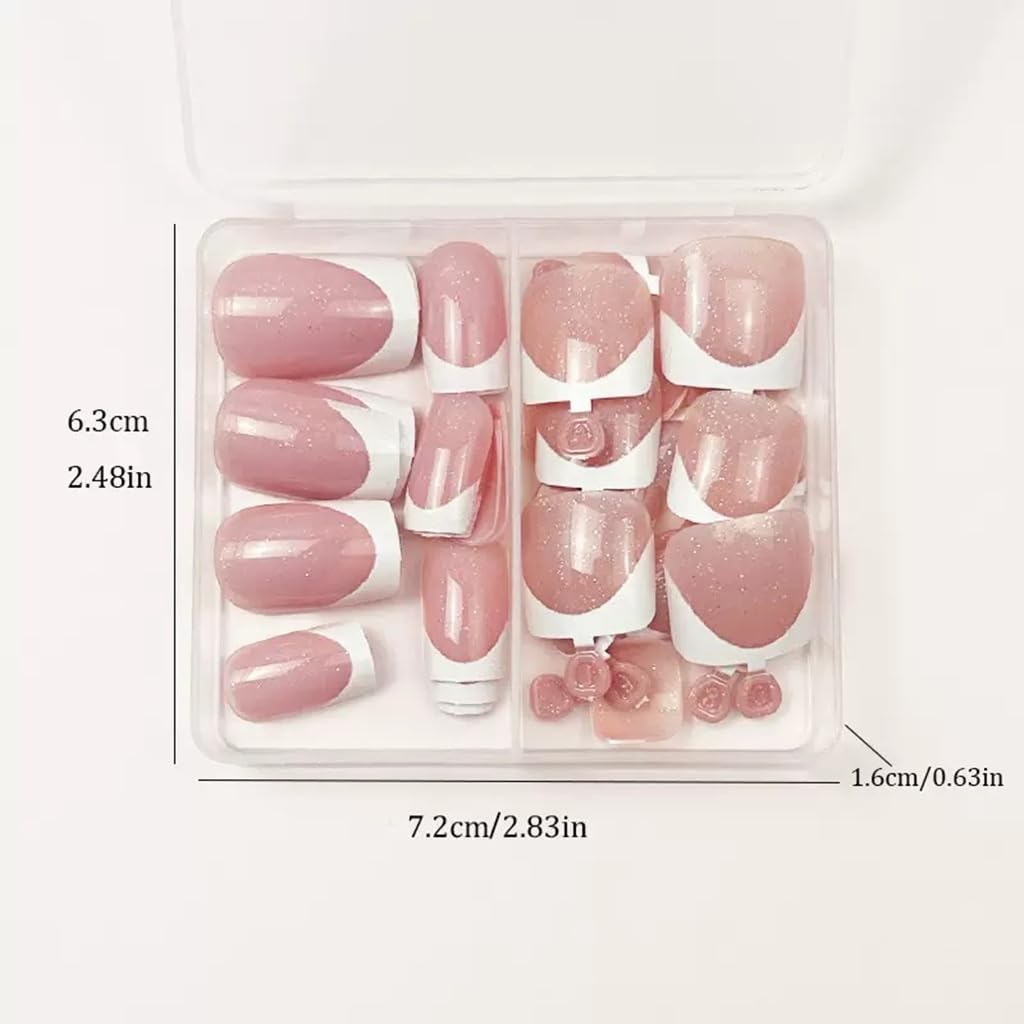 CTTHNBD 48Pcs Press on Nails Square & Press on Toenails Set, White French Tip Fake Nails with Glitter Design - for Women Manicure