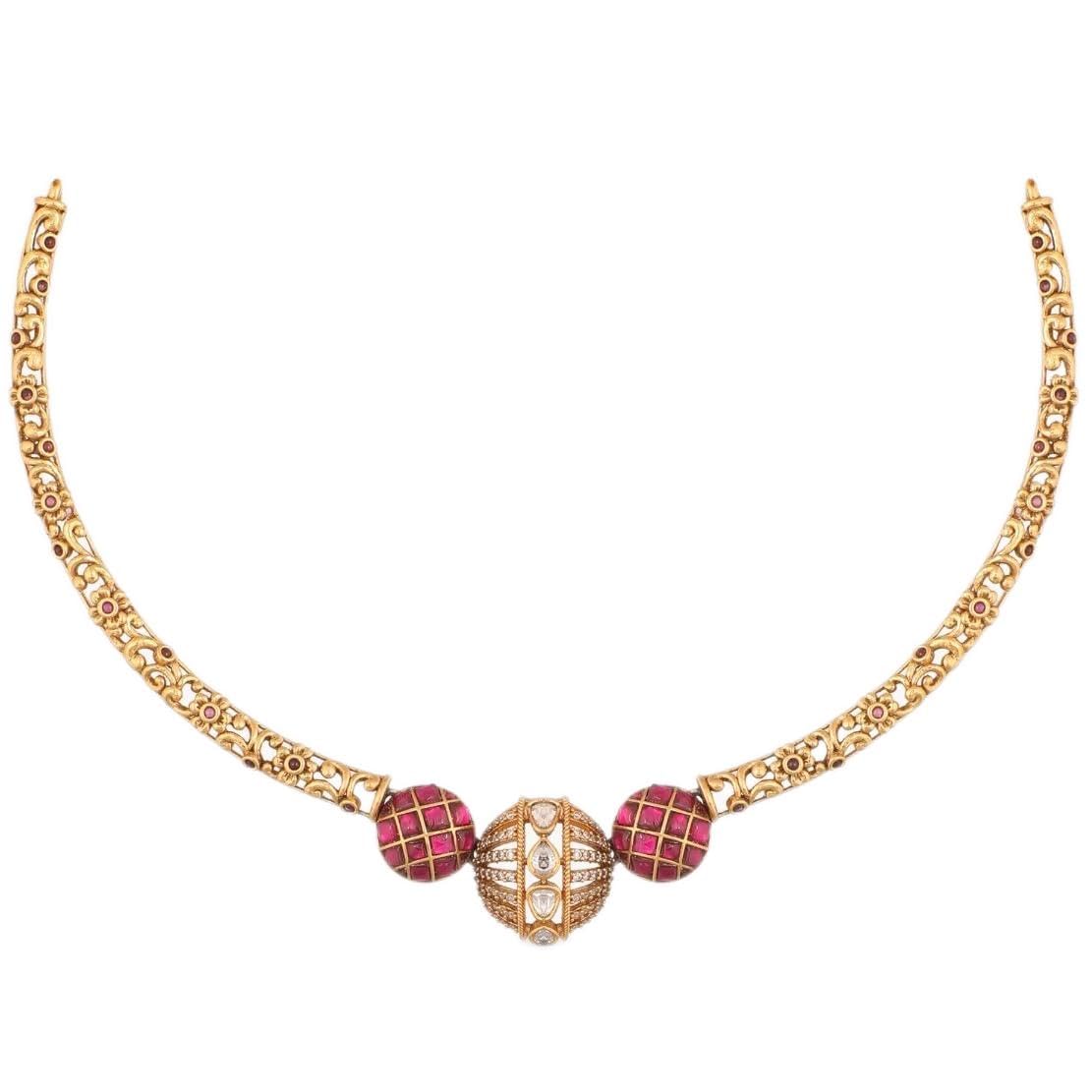 TARINIKA Sterling Silver Classic Choker Necklace with Antique Hasli Design(Gold-Plated) CZ Silver Necklace for Women Perfect for Ethnic occasions Indian jewelry sets for women (Round Kempu Jadau Hasli)