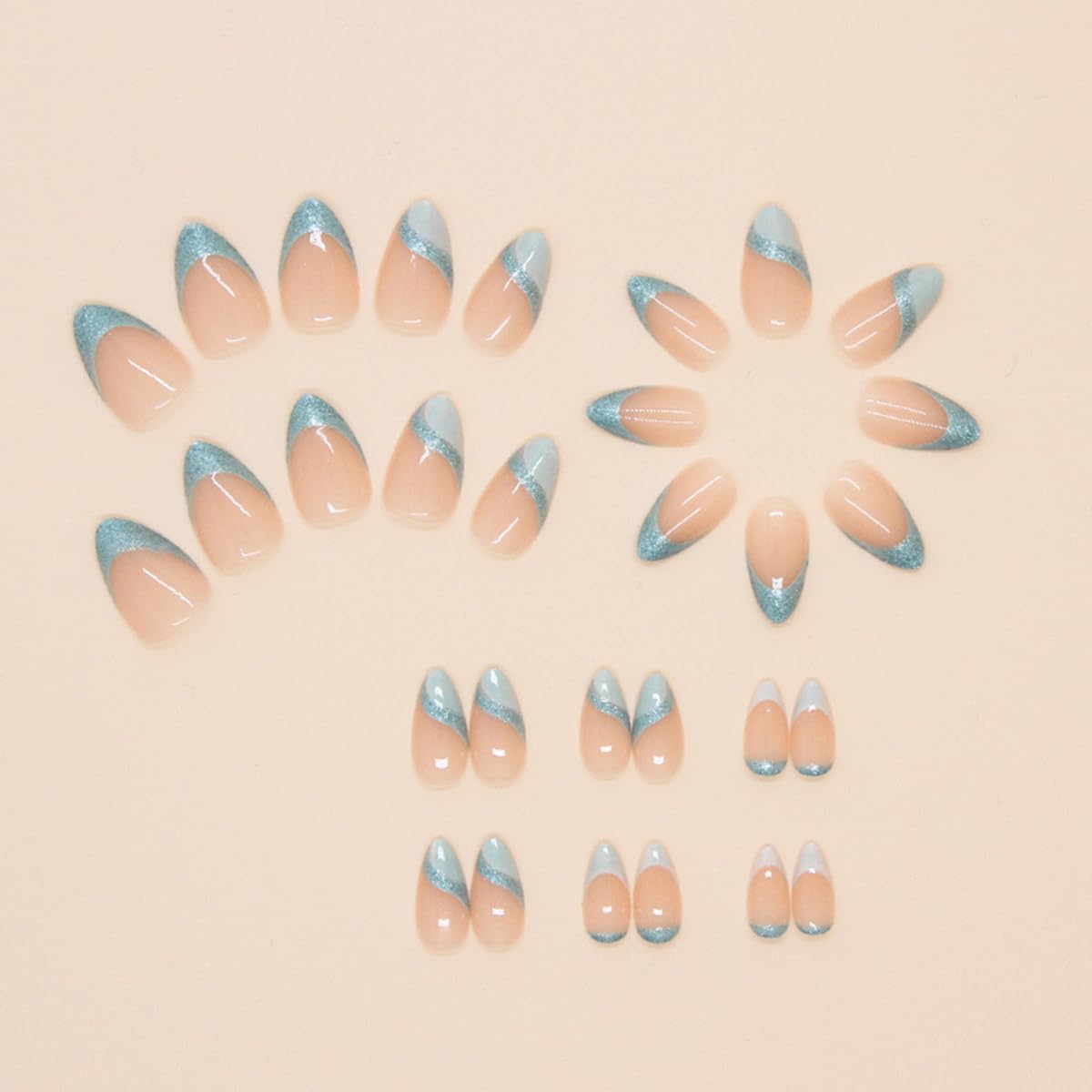 30Pcs Blue French Press on Nails Medium Almond WLGDLH Fake Nails Nude False Nail Tip Kit with Glitter Lines Designs Sparkly Glossy Glue on Nails Full Cover Acrylic Cute Stick on Nail for Women