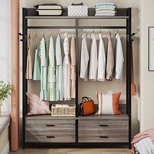 LITTLE TREE Clothes Rack, Heavy Duty Garment Rack with 4 Drawers, 8 Hooks and Storage Shelves, Wardrobe Closet Storage Rack for Bedroom, Living Room, Grey