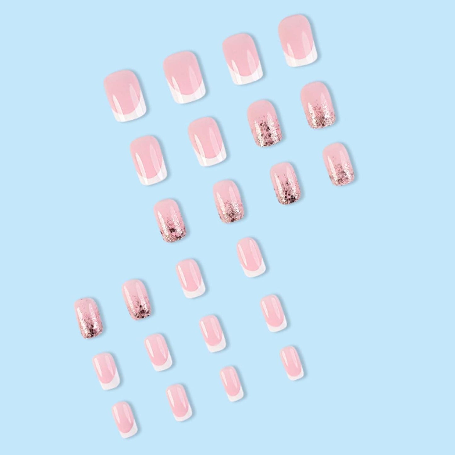 YoYoee Short Gradient Nails Tips Cute French False Nails Square Press on Nails Full Cover Glitter Fake Nails for Women and Girls 24PCS