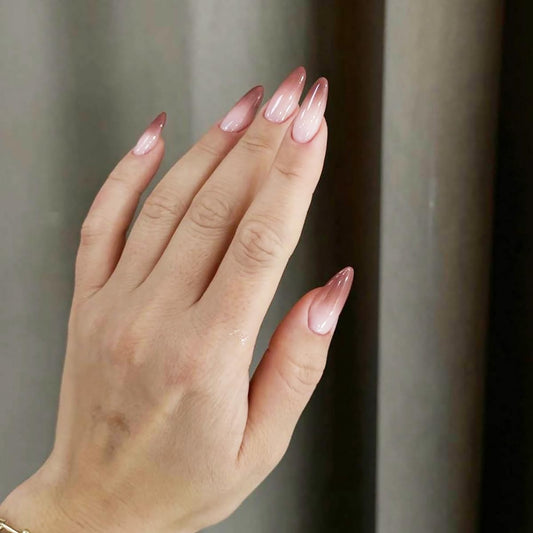 Almond Press on Nails Medium Length Brown French Tip Fake Nails with Glue Stiletto Shape Glossy Acrylic Nails Full Cover Pink Gradient False Nails for Women DIY Manicure Decoration 24PCS