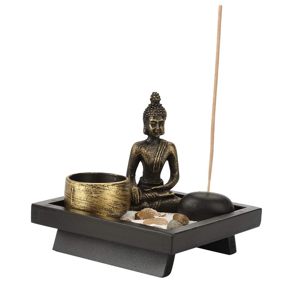 Desktop Zen Garden Kit, Mini Buddha Statue Tealight Candle Holder Ornament for Yoga Meditation Home Table Decor Gift