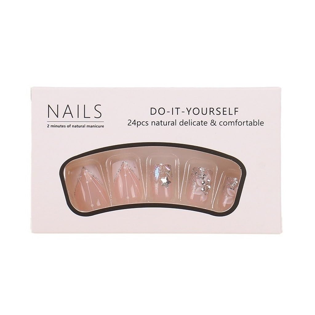 CTTHNBD Square Press on Nails Short - White French Tip Fake Nails with Flower Design - Glitter Glossy Full Cover Stick on Nails - for Women 24 Pcs
