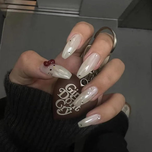Handmade Press on Nails Almond Nude Fake Nails Cute False Nails with Bow Cat Polka Dots Designs Full Cover Glossy Glue on Nails Cute Nails Acrylic Nails for Women Girls 10Pcs (MT-111, S)