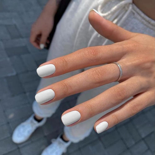 Matte White Press On Nails Short Square, KXAMELIE Gel Nails Glue on Acrylic Nails Press ons Featured Protective Coat Thick Reusable Fake Nails Solid Color 24 Short Coffin Artificial Nails