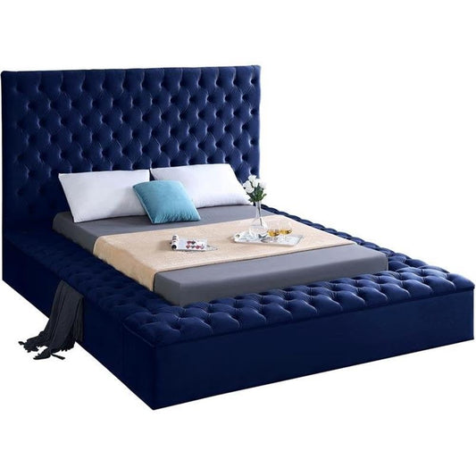 Meridian Furniture Bliss Collection Modern | Contemporary Velvet Upholstered Bed with Deep Button Tufting and Storage Compartments in Rails and Footboard, Queen, Navy