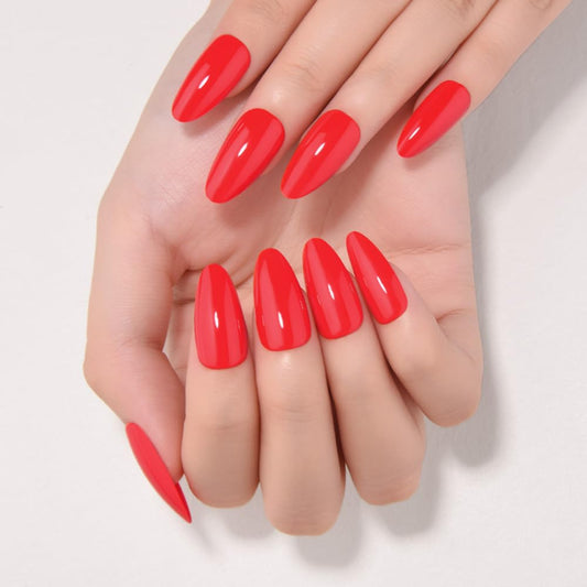 evpct Bright Red Medium Almond Glossy Press on Nails for Women Gift, Glossy Bright Red Fake Nail with Kits Manicure Kit, Soft Gel Full Cover Reusable Stick on Soft Acrylic False Nails Perfectly Fit