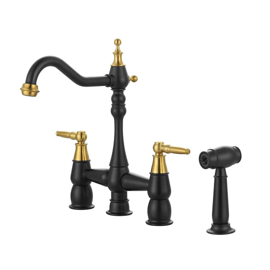 Kitchen Faucet Bridge with Side Sprayer, 4 Hole Brass Kitchen Faucet with 360° Swivel Tap, 2 Handle 8 Inch Vintage Faucet for Kitchen Sinks, Black Gold