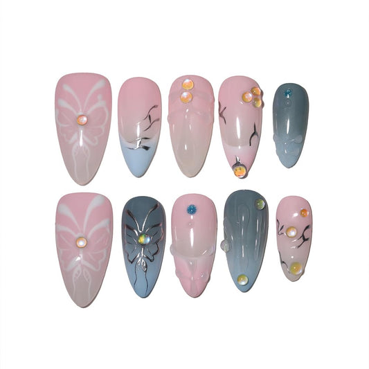10PCS Luxury Handmade Press On Nails Nude Gradient Cat's Eye with Pearl Bow & Sparkling Rhinestones for Wedding & Party Reusable Almond Fake Nails Design Gift For Women and Girls (L03, S)