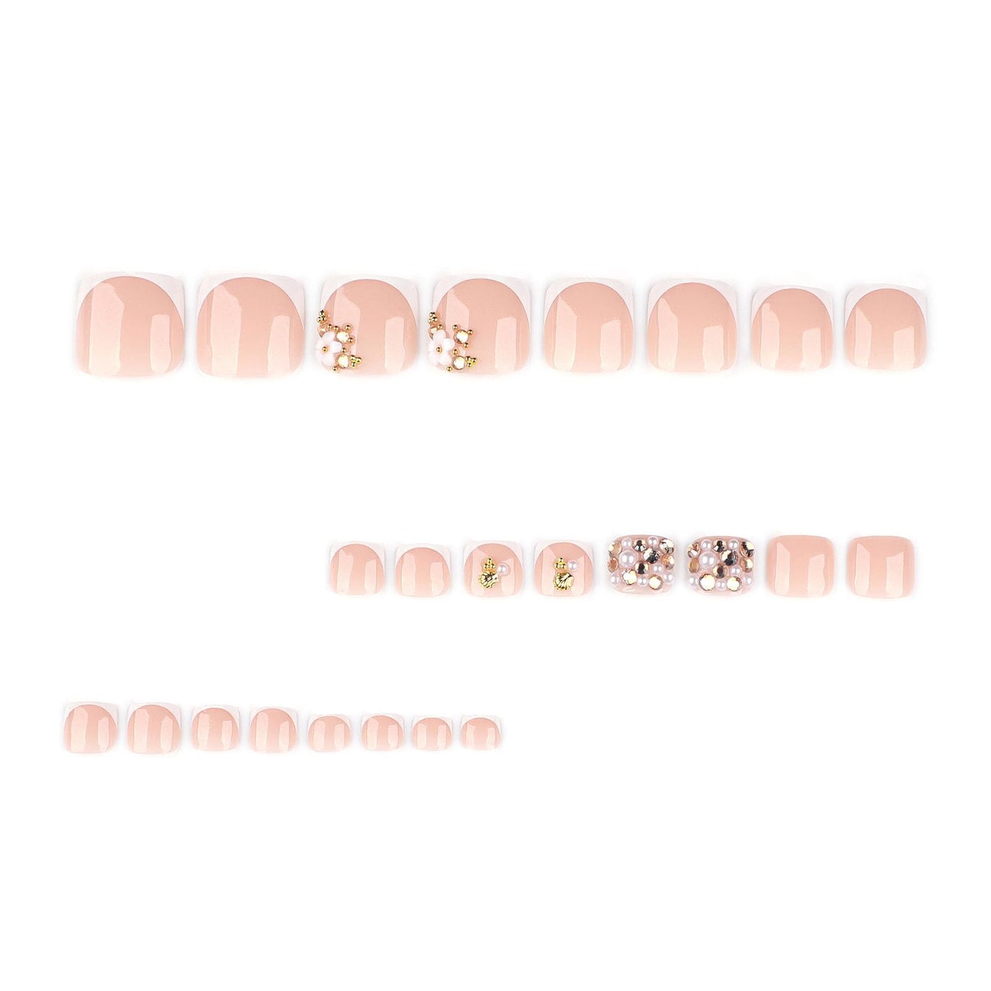 RUOKEXIN Short Press on Toenails White French Tip Fake Toenails with 3D Flower Rhinestones Designs Square Toe Nail Press ons Sparkly Artificial Nails for Women 24Pcs
