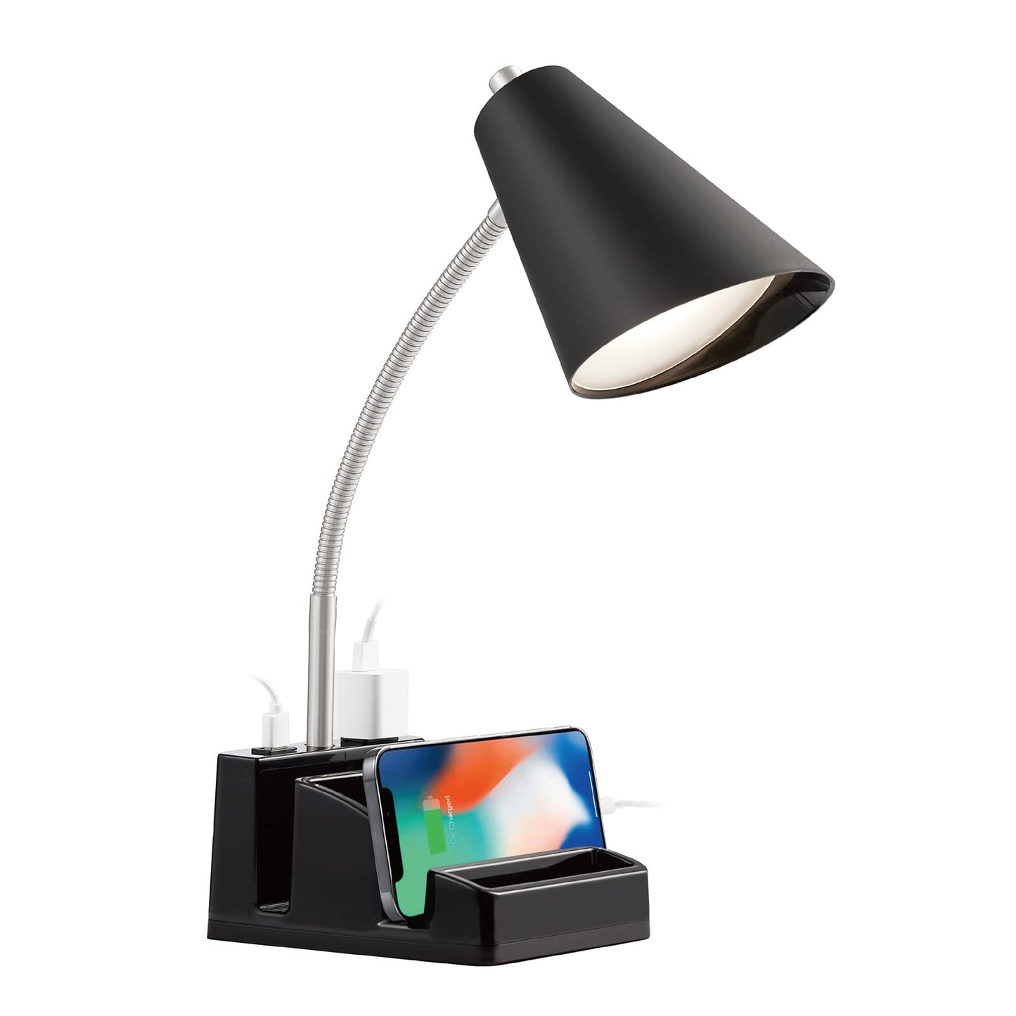 LED Desk Lamp with 1 USB Charging Port and 1 AC Outlet, Organizer Base, Adjustable Neck, On/Off Switch, Modern Table Lamp for Reading, Working, Studying, Gentle Warm White Light, Eye Protect(Black)