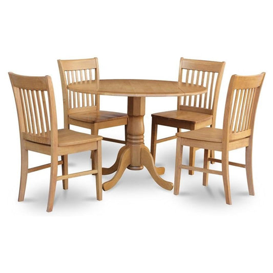 East West Furniture DLNO5-OAK-W 5 Piece Modern Dining Table Set Includes a Round Wooden Table with Dropleaf and 4 Dining Chairs, 42x42 Inch, Oak