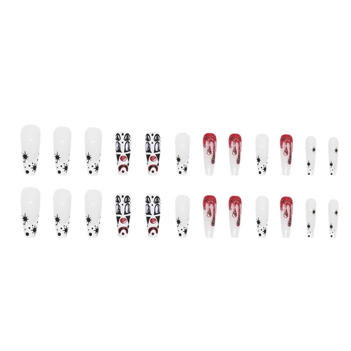 24 Pcs Halloween Press on Nails Long Coffin Fake Nails White French Tip False Nails with Designs Ghost Clown Glossy Glue on Nail Full Cover Acrylic Stick on Nail for Women Girls Manicure