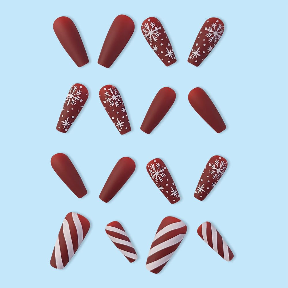 Christmas Press on Nails Long - Coffin Fake Nails with Snowflake Stripes Design - Red Full Cover Stick on False Nails -for Women 24 Pcs
