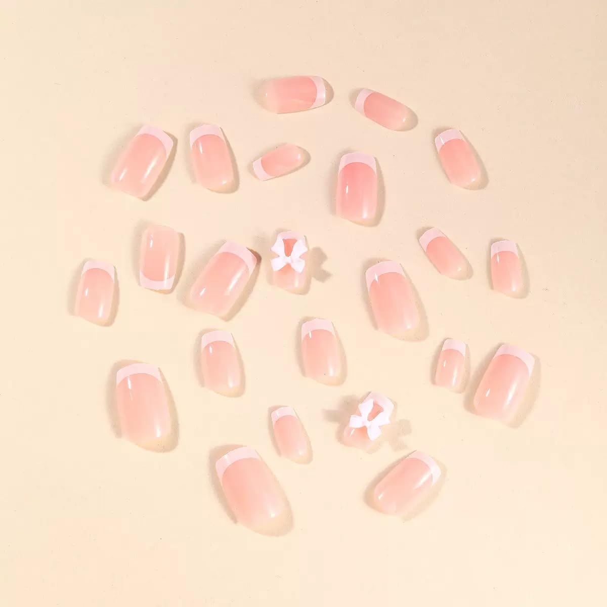 CTTHNBD Press on Nails Square - White French Tip Fake Nails with Bow Charms Design - Short False Nails Press ons - for Women 24 Pcs