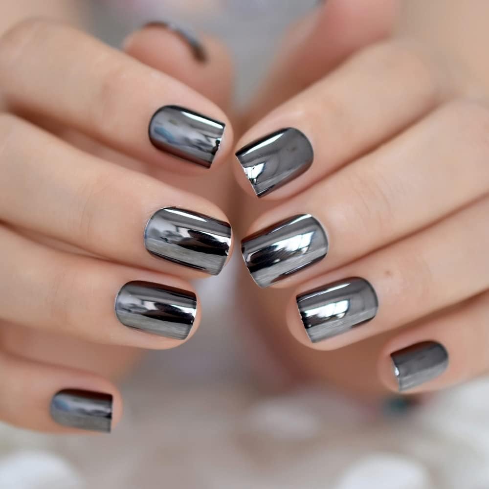iBeautying Press on Nails - Metallic Mirror Gray Black False Nails | Punk Metal Finish Short Reusable Fake Nails in 10 Sizes - 24 Nail Kit with Jelly Glue Pad