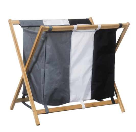 PXIWDAN Laundry Basket Bamboo Laundry Hamper 3 Section Felt Compartment Sorter Bag Basket Removable Clothes Wooden Clothes Hamper