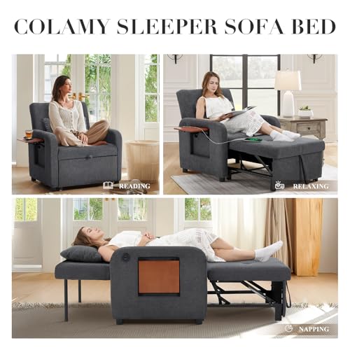 Convertible Sleeper Chair-Fabric Futon Sofa Bed, Single Sleeper Sofa, Small Couch Bed with USB Port, Foldable Table, Pillow, Adjustable Backrest for Dorm/Bedroom/College Darkgrey