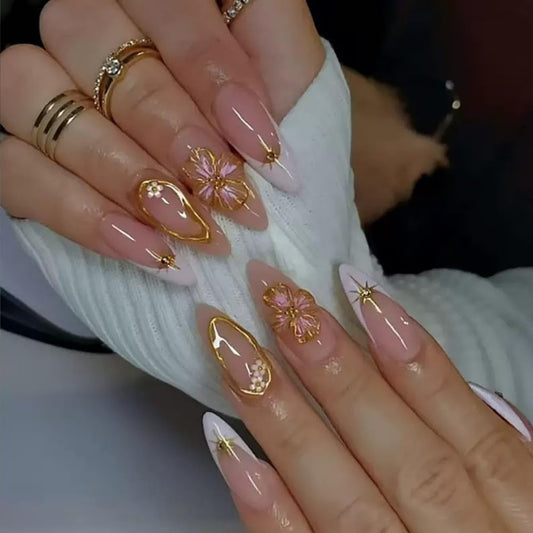 FJSMTOPl Flower Press on Nails 3D Spring Floral Fake Nails Press ons Almond French Tip False Nails Medium Acrylic Glue on Nail Cute Artificial Stick on Nail for Women Manicure 24Pcs