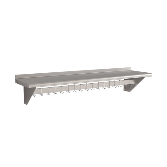 Krollen Industrial 15" x 60" Stainless Steel Wall Mounted Pot Rack with Shelf and 18 Galvanized Hooks