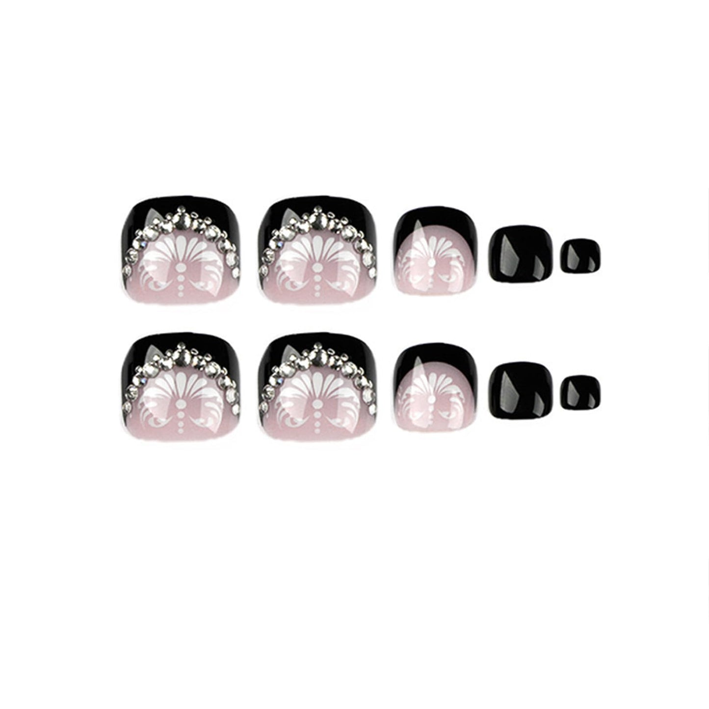 Press on Toenails French Tips ToeNail Press ons Fake Toe Nails Black False Toenails Glossy Full Cover Acrylic Glue on Toenails with Designs Rhinestones Artificial Stick on Toenails for Women Manicure