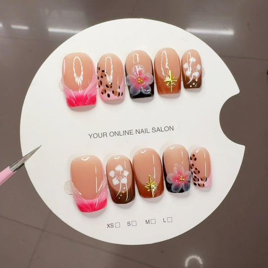 10 Pcs Press on Nails Handmade Square Fake Nails with 3D Flower Designs Gradient French Tip False Nail Luxury Glossy Short Acrylic Nails Press ons Reusable Stick on Nail for Women (S)