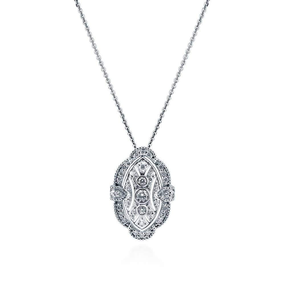 BERRICLE Sterling Silver Vintage Inspired Art Deco Cubic Zirconia CZ Milgrain Fashion Necklace and Earrings Set for Women, Rhodium Plated