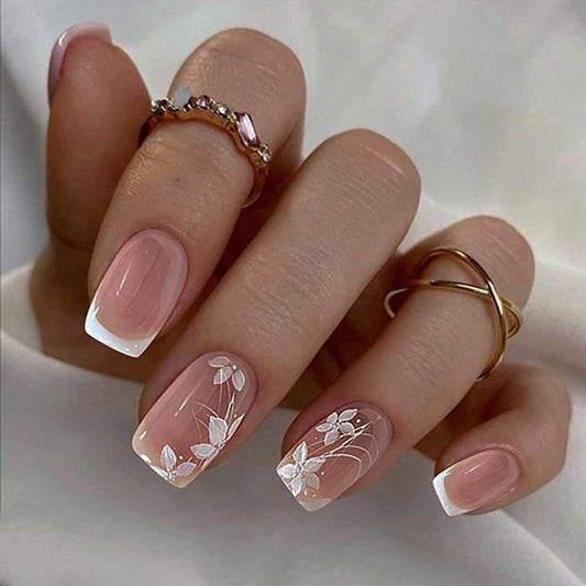 Square Press on Nails 24PCS French Short False Nails Full Cover With Designs Fake Nail Kit Reusable Glossy Artificial Fake Fingernails Acrylic Cute Fale Nails For Women Girls Manicure