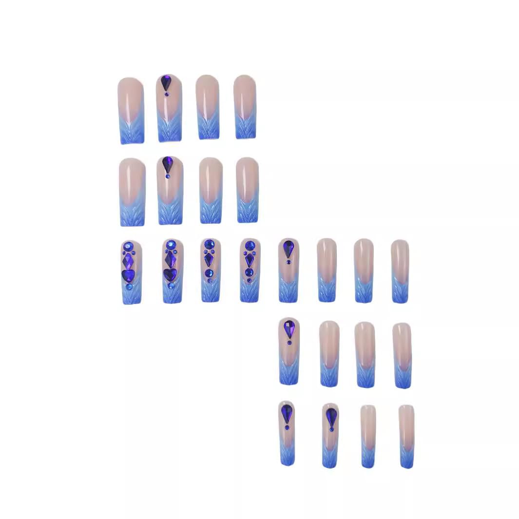 CTTHNBD Blue Press On Long Square French Tip Ombre Acrylic Rhinestone Full Cover Stick On Nails - 24 Pcs