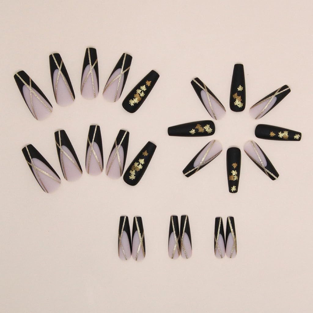 CTTHNBD Fall Press on Nails - Long Coffin Fake Nails with Maple Leaf Design - Black French Tip False Nails Press ons - for Women 24 Pcs