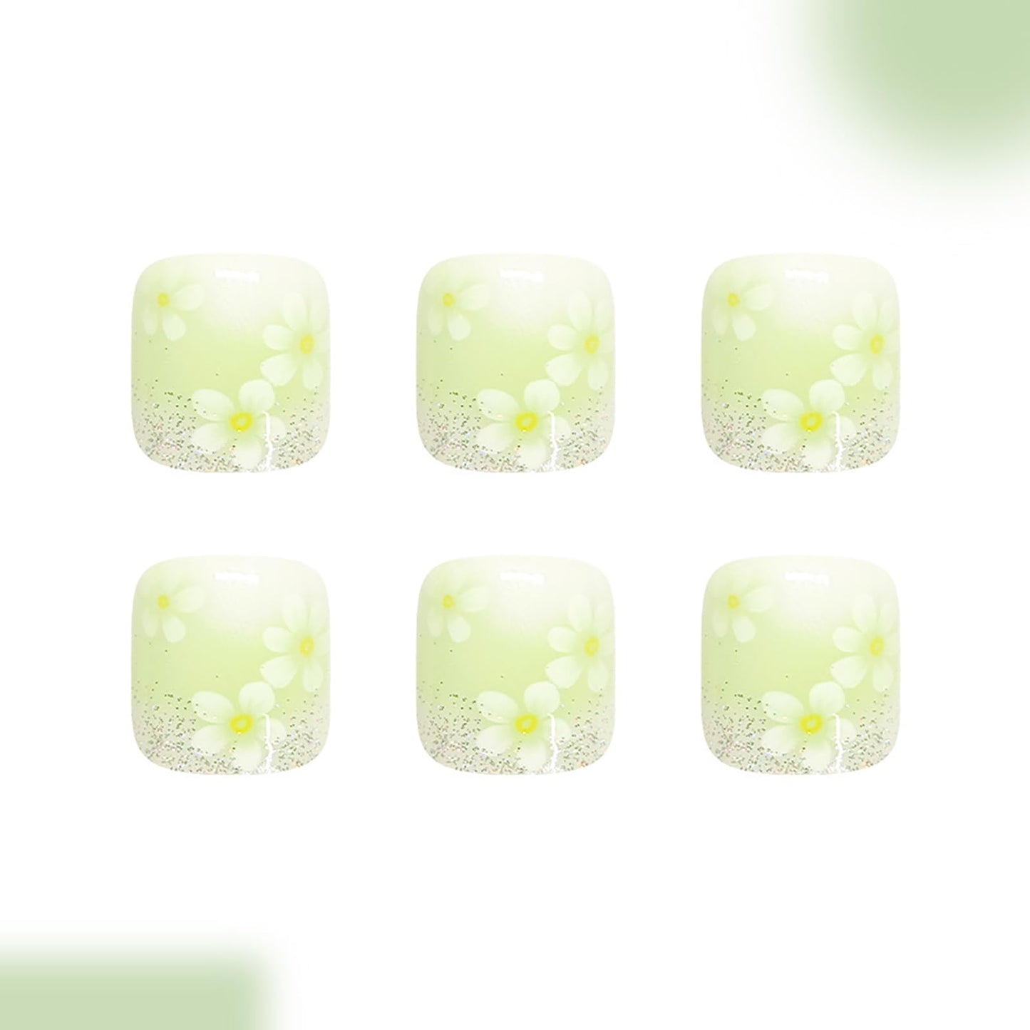 24Pcs Flower Press on Toenails,Short Square Fake Toenails with Glitter Acrylic Designs, Cyan French Gradient Toenails Full Cover Reusable Glossy Stick on Toes Nails for Women