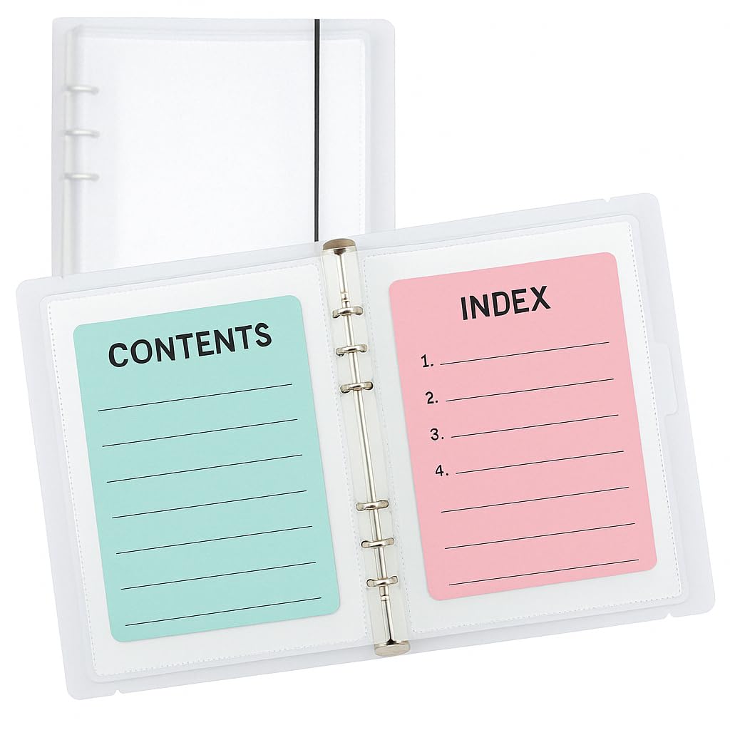 SHANGRLA Large 5x8 and 5x7 Index Card Binder Holder with Clear Plastic Sleeves – 90 Pocket A5 6-Ring Binder for Flashcards, Postcards, Recipe Cards – Small Storage Organizer with Sheet Protectors