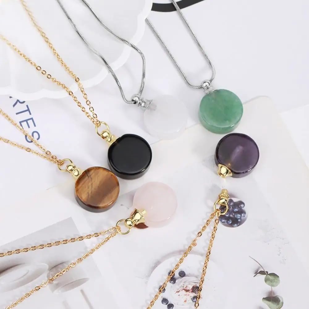 925 Sterling Silver Essential Oil Necklace For Women And Men, 14K Gold Filled Natural Stone Round Perfume Bottle Necklace, Essentials Oil Diffuser Vial Necklace (3 - Essential Oil Necklace)