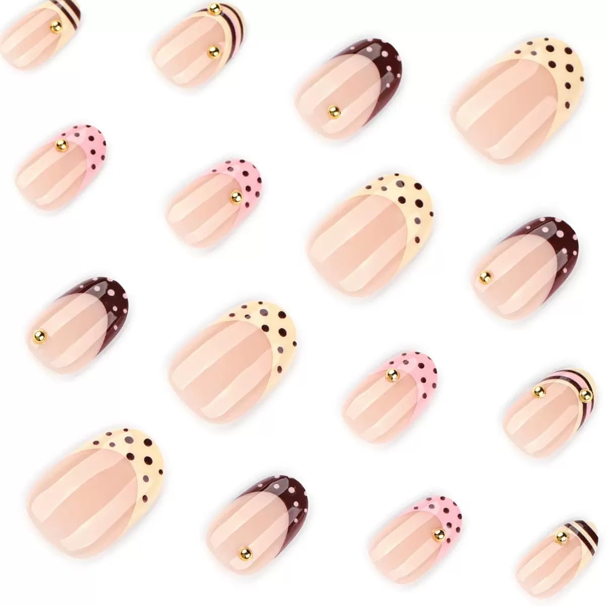 CTTHNBD Short Press on Nails - French Tip Fake Nails with Polka Dot Design - Round False Nails Press ons - for Women 24 Pcs