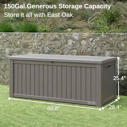 EAST OAK Outdoor Storage Box, 150 Gallon Deck Box, Large Resin Storage Bin for Patio Cushions, Gardening Tools, Lockable, Waterproof and UV Resistant, Grey