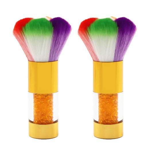 2Pcs Rainbow Nail Dust Brush, Colorful Nail Dusting Brushes, Nails Cleaning Brush with Rhinestone Handle, Professional Manicure Duster Remover Brush for Nail Glitter, Powder & Salon DIY Manicure-Gold