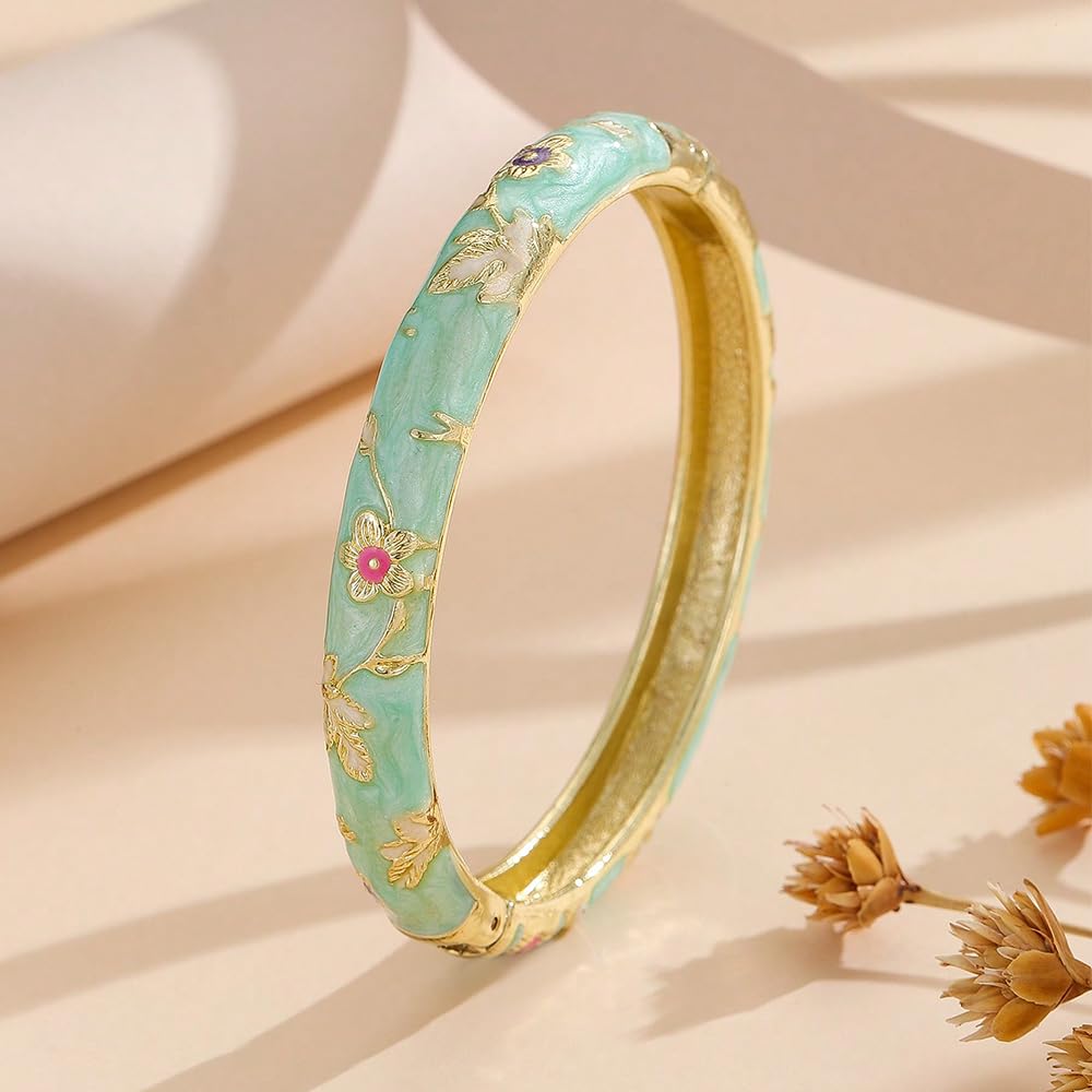 BlingNook Cloisonne Bracelet For Women, Chunky Bangle Trendy Cute Flower Enamel Bangles Multi Tone Engraved Cuff Gold Plated Bracelets Stackable Wife Jewelry Friendship Gift (White, One Size)