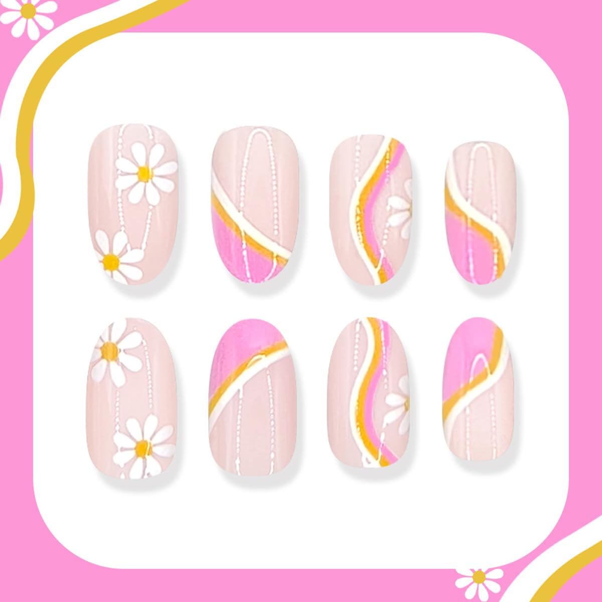 Spring Press on Nails Medium Oval Fake Nails Pink French Tip Nails Press ons with Cute Flower Striped Design,Reusable Artificial Nail Full Cover Stick on Nails for Women Manicure 24Pcs