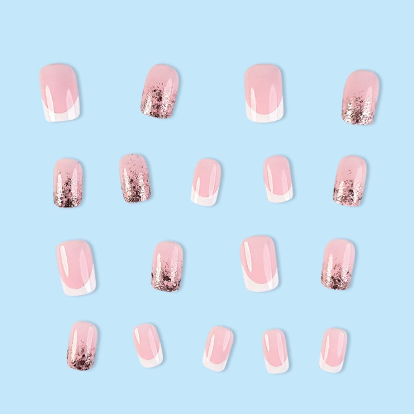 YoYoee Short Gradient Nails Tips Cute French False Nails Square Press on Nails Full Cover Glitter Fake Nails for Women and Girls 24PCS
