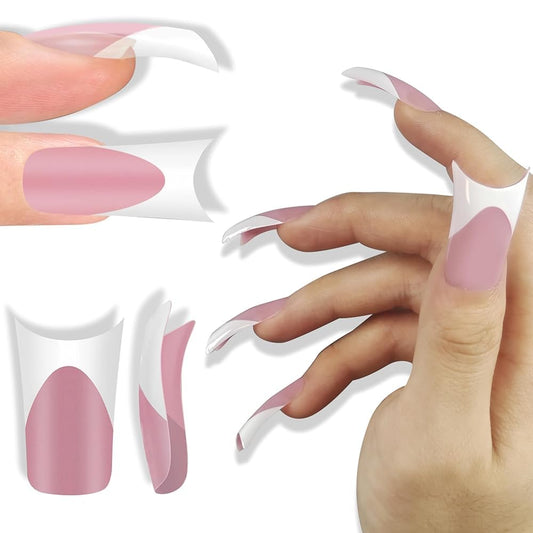 NOVO OVO Halloween White French Tip Duck Feet Nail Tips BERRY PINK Full Cover Press on Acrylic with Moon Curve, Thick Medim Long Pre-Etched Matte Wide Soft Gel False Nail Extension x 15 Sizes 150 pcs